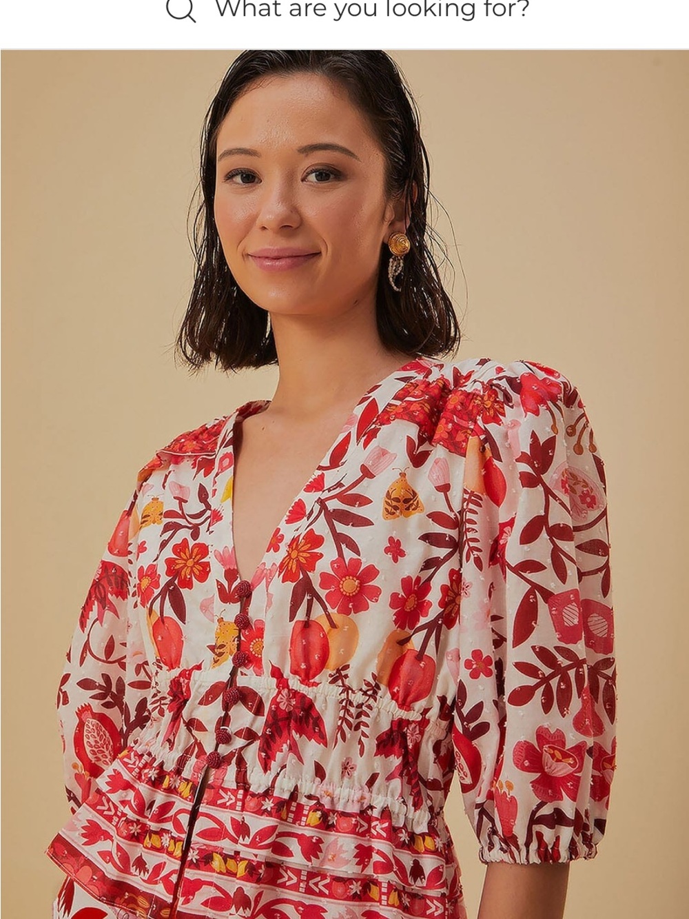 FARM Rio Red and Cream Puff Sleeve Floral V-Neck Blouse